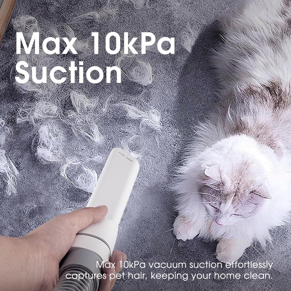Dog Grooming Vacuum Kit 7 in 1 - White - 1.5L Dust Cup, 3 Suction Modes, 10kPa, Titanium Blades, Storage Tray