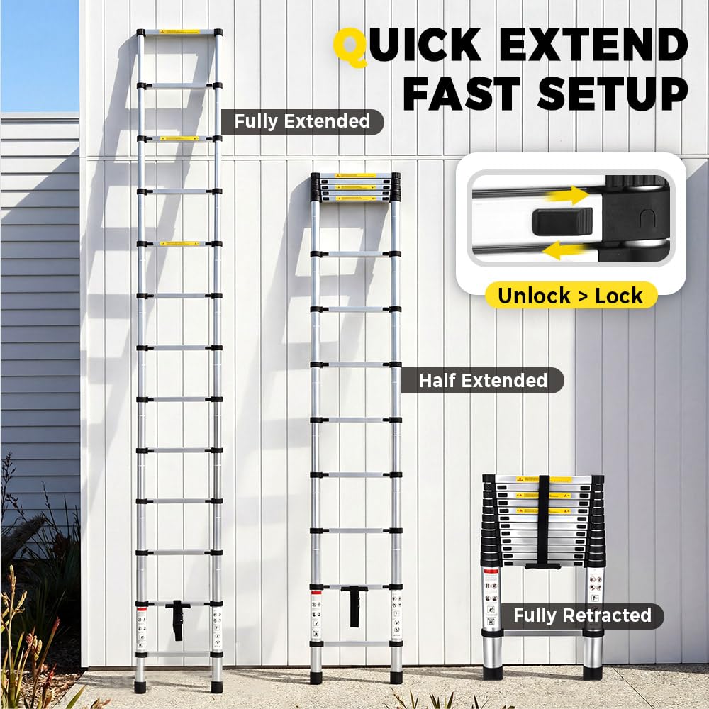 Telescopic Aluminium Ladder 3.8m - Silver - 150kg Capacity, Auto Lock Sections, Collapses for Storage, Carry Bag