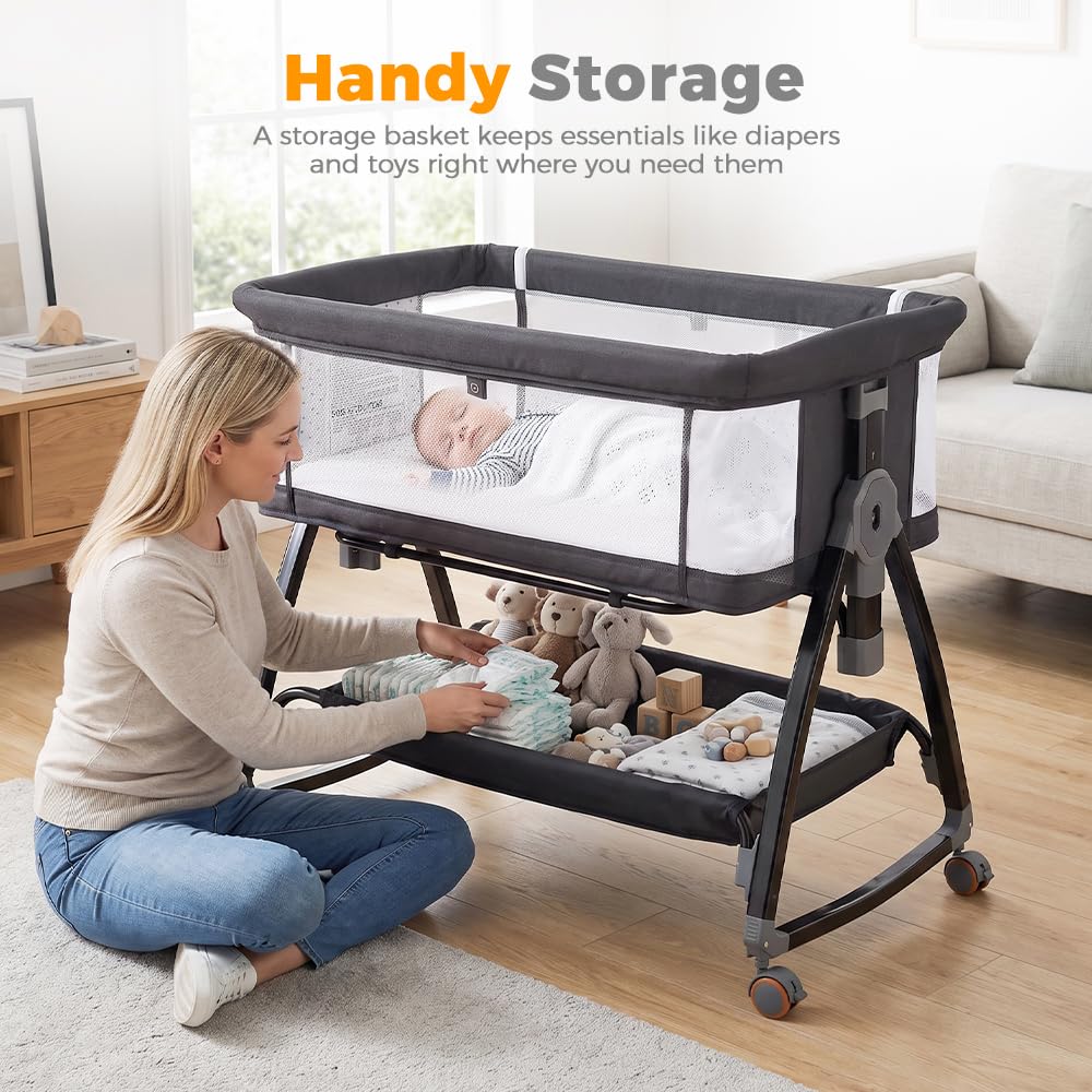 3-in-1 Baby Bassinet and Bedside Sleeper - Black - 6 Height Levels, Rocking Cradle, Mattress Included