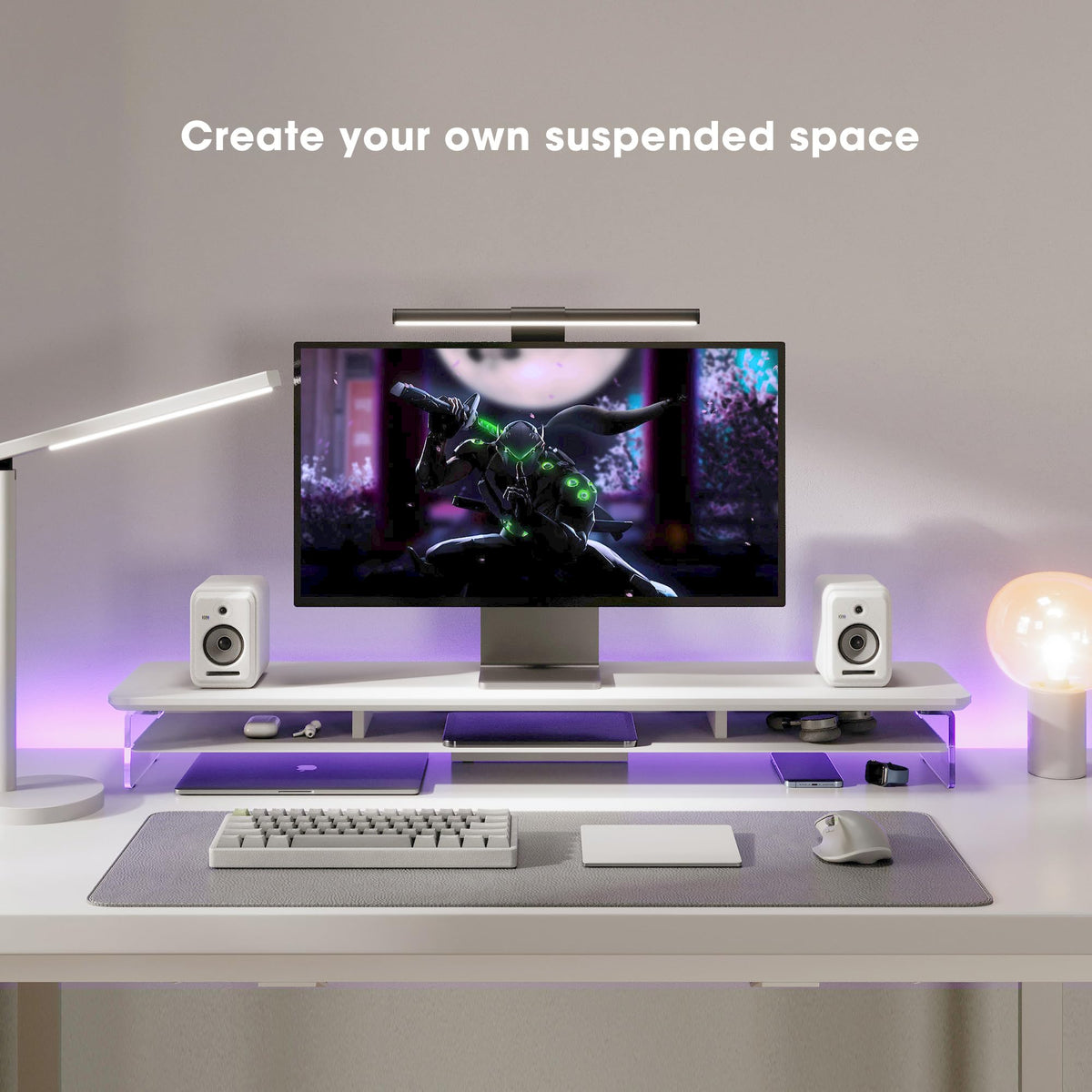 Acrylic Dual Monitor Riser 42.5 Inch - White - 2 Tier Desk Shelf, 18mm Board with Steel Core
