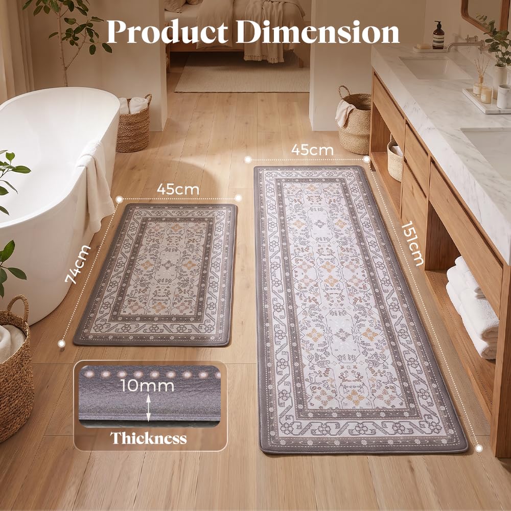 Kitchen Rug and Mat Set 2 Piece - Brown - 45 x 151cm and 45 x 74cm, Textured Anti Slip PVC, Wipe Clean