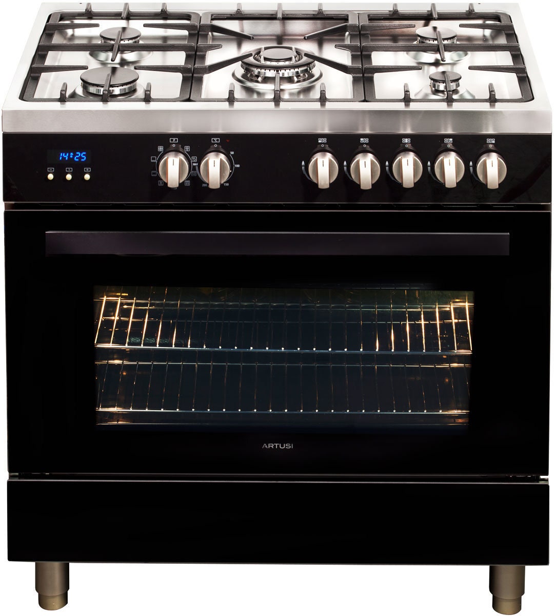 Artusi 90cm dual fuel freestanding oven - Black, 104L, 9 functions, rotisserie, wok burner - CAFG91B