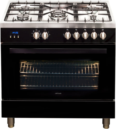 Artusi 90cm dual fuel freestanding oven - Black, 104L, 9 functions, rotisserie, wok burner - CAFG91B