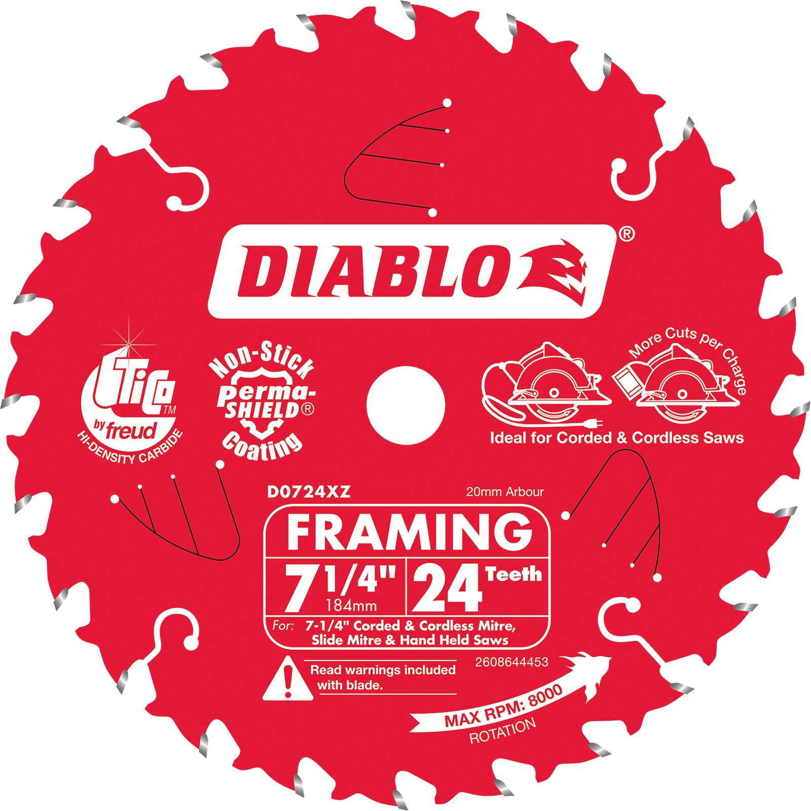 Diablo 184mm 24T Framing Circular Saw Blade - Carbide, 20mm Arbor for Framing & Demolition