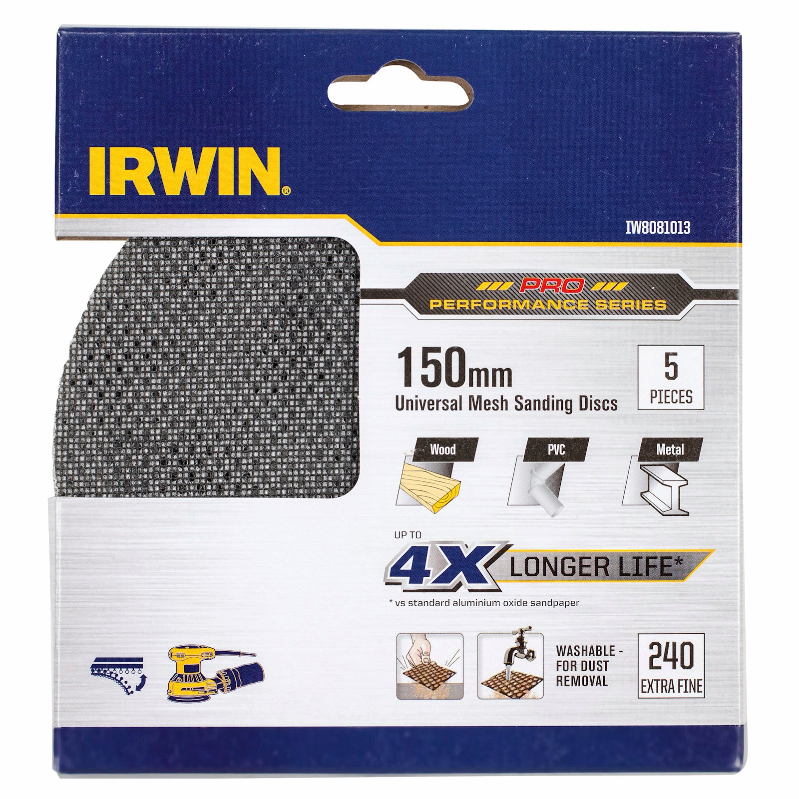 Irwin 150mm 240 Grit Orbital Sanding Disc Mesh Velcro 5 Pack
