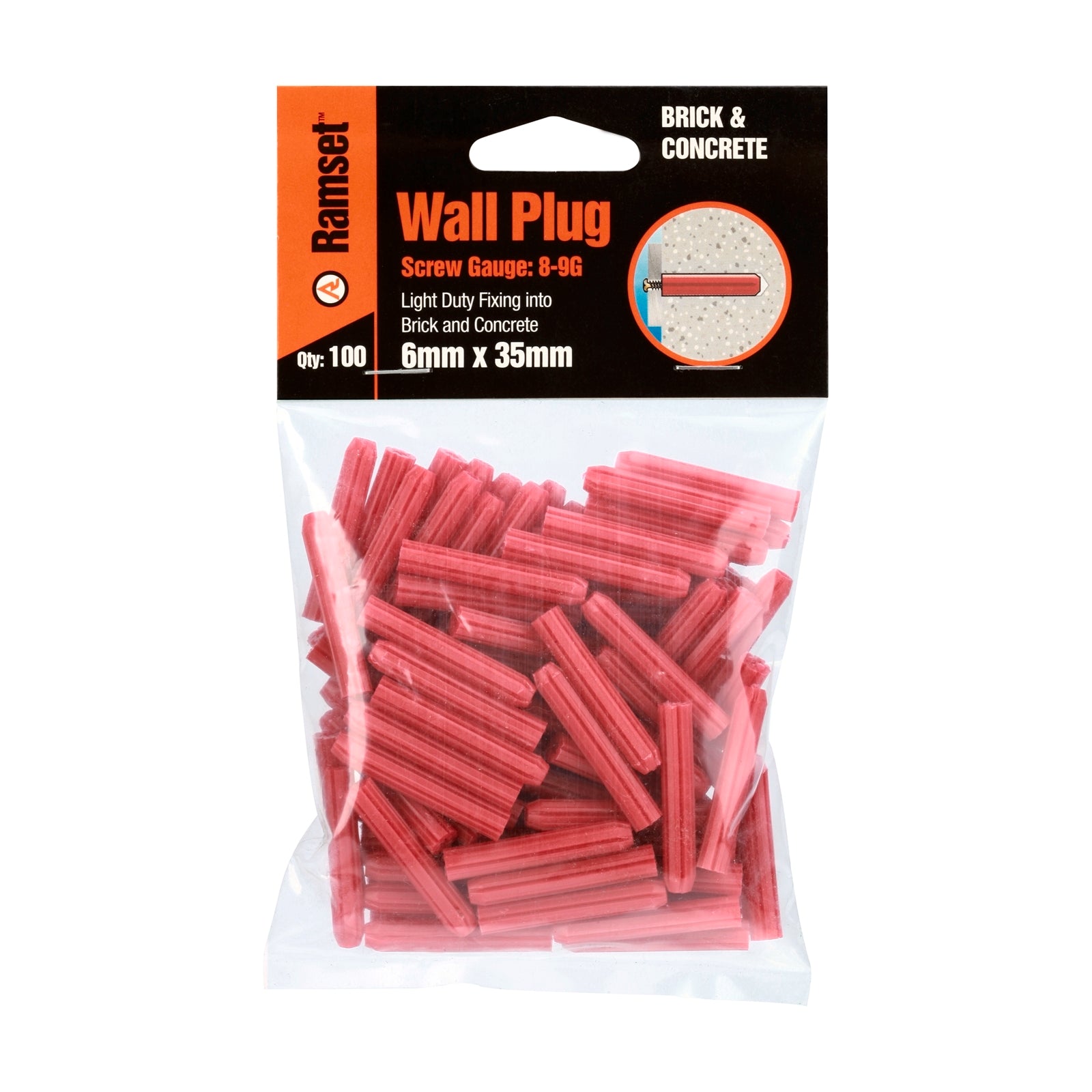 Ramset 6 x 35mm Red Plastic Wall Plugs - 100 Pack