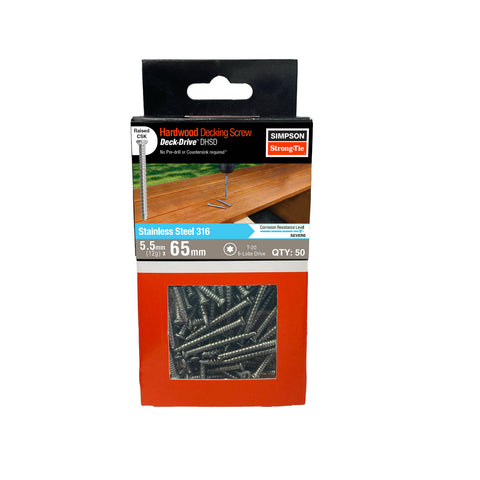 Simpson Strong-Tie 12g x 65mm 316 Stainless Steel Decking Screws, Torx T20, No Predrill - 50 Pack