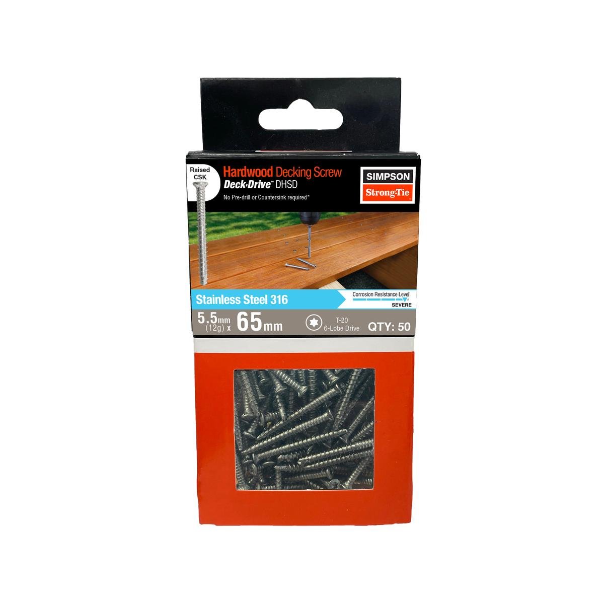 Simpson Strong-Tie 12g x 65mm 316 Stainless Steel Decking Screws, Torx T20, No Predrill - 50 Pack