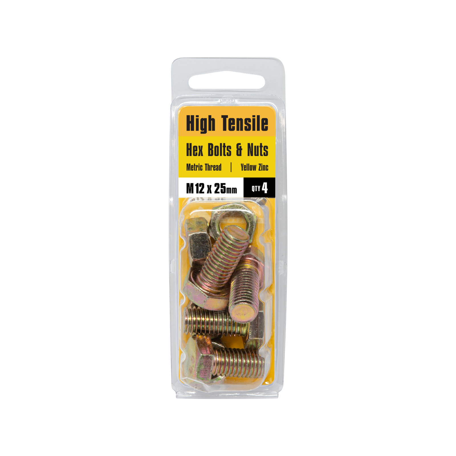 Pinnacle 12 x 25mm Yellow Zinc Hi-Tensile Hex Bolt and Nut - 4 Pack