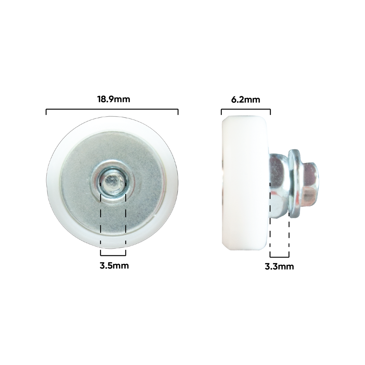 Rolltrak 19mm White Acetal Flat Roller with Threaded Stud - Shower Screen