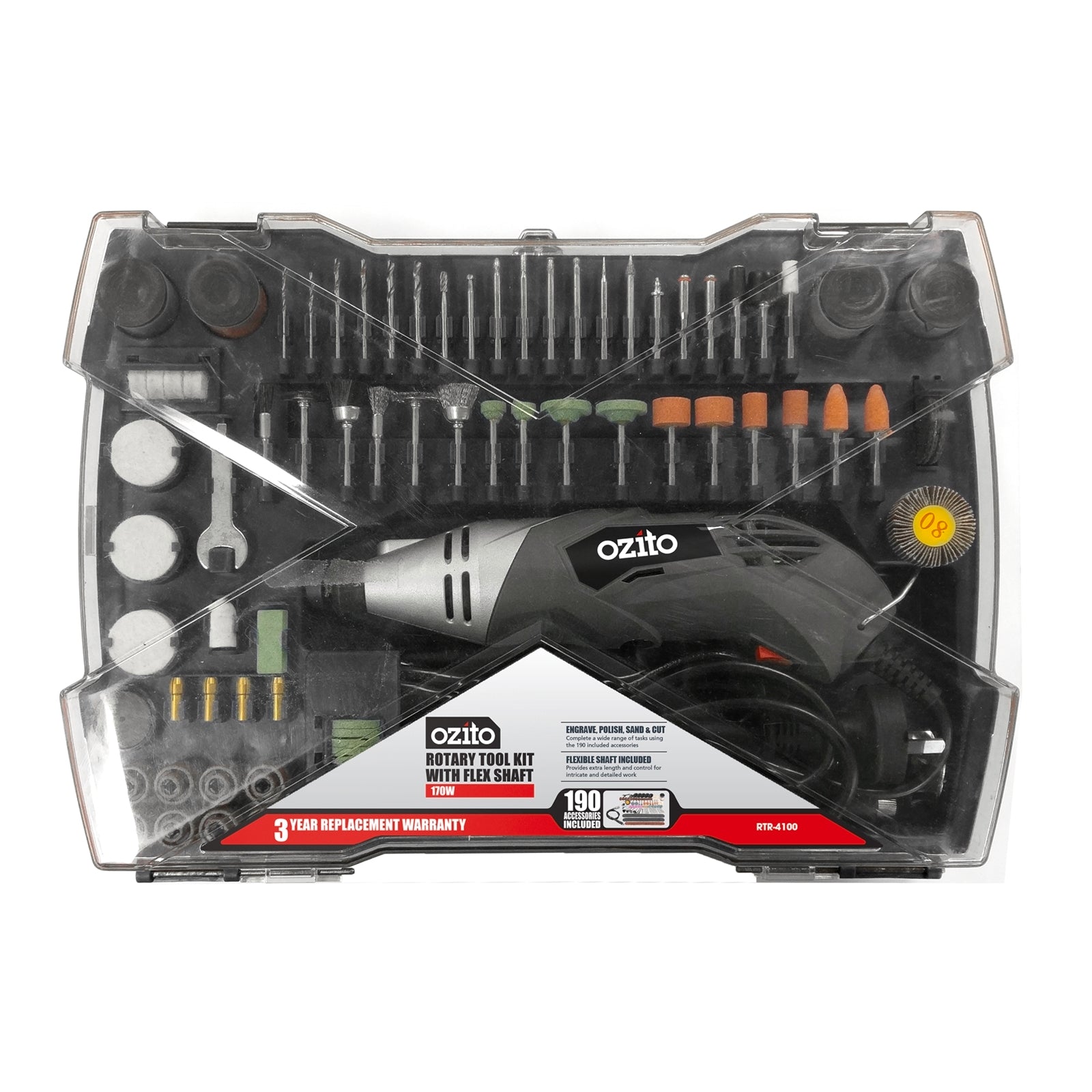 Ozito 170W Rotary Tool Kit 190 Accessories Variable Speed RTR-4100