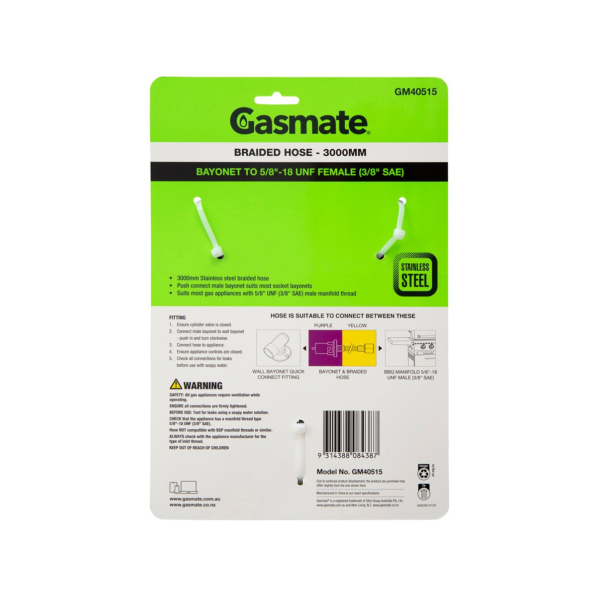 Gasmate Braided Hose 3000mm Bayonet to 5/8" UNF (3/8" SAE) Push Connect