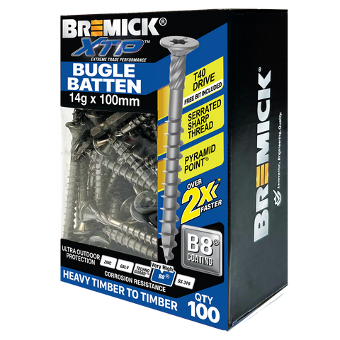 Bremick XTP 14g x 100mm T40 B8 Carbon Steel Bugle Batten Screws - 100 Pack