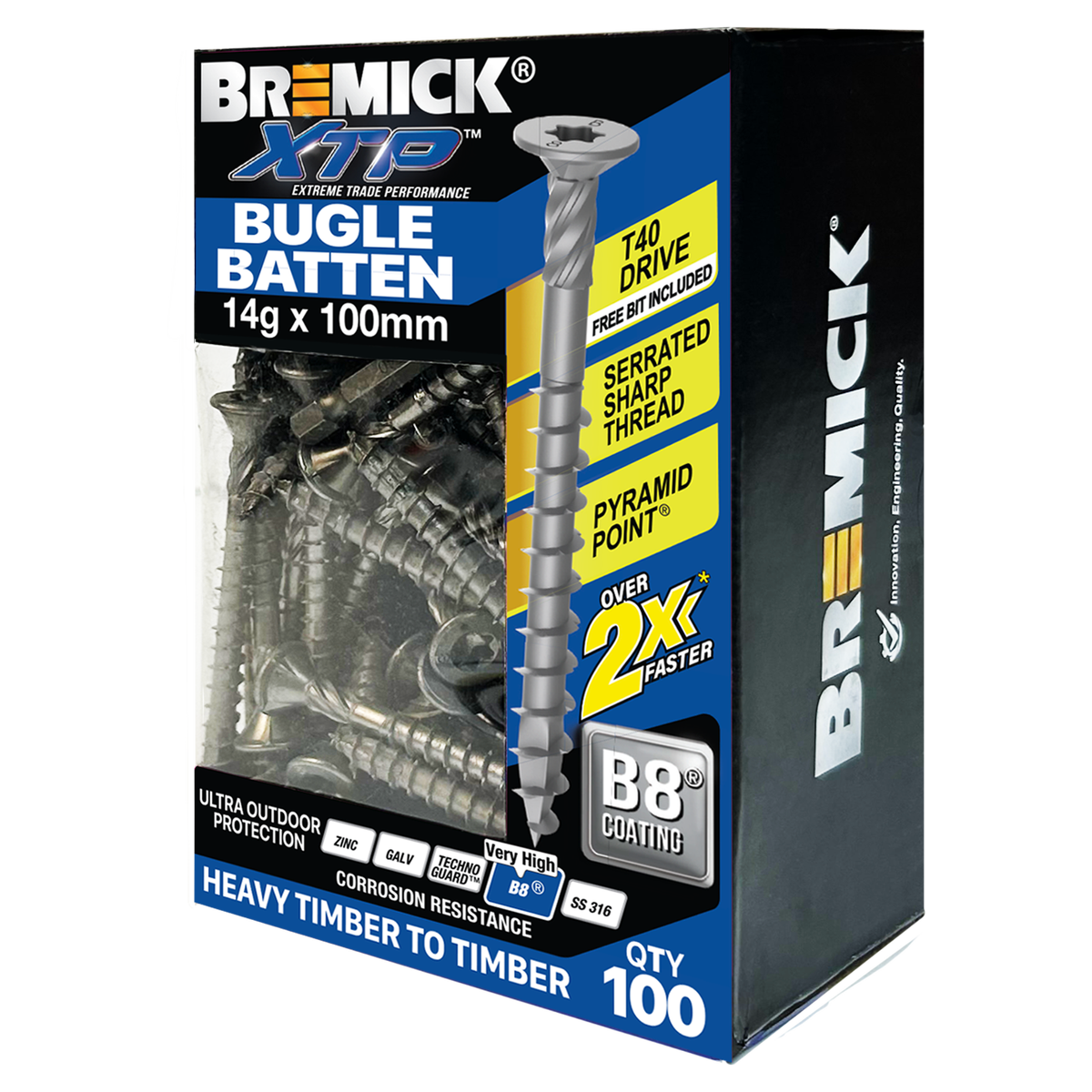 Bremick XTP 14g x 100mm T40 B8 Carbon Steel Bugle Batten Screws - 100 Pack