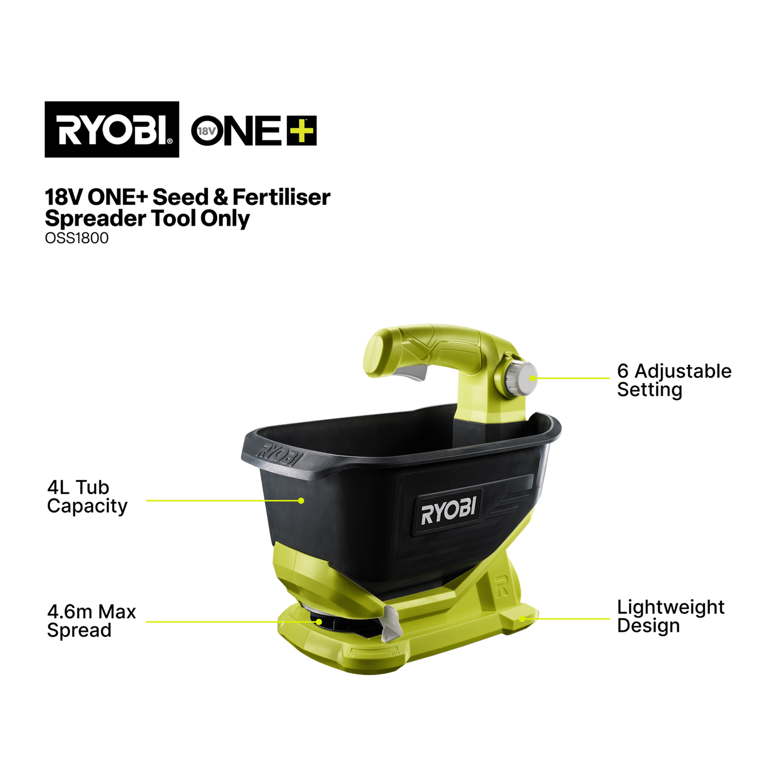 Ryobi ONE+ 18V Cordless Seed And Fertiliser Spreader OSS1800 Tool Only