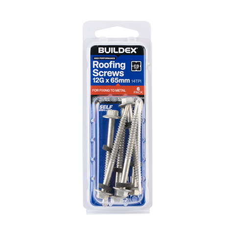 Buildex 12G x 65mm Class 3 Hex Head Roofing TEKS Screws with Seal, 6 Pack