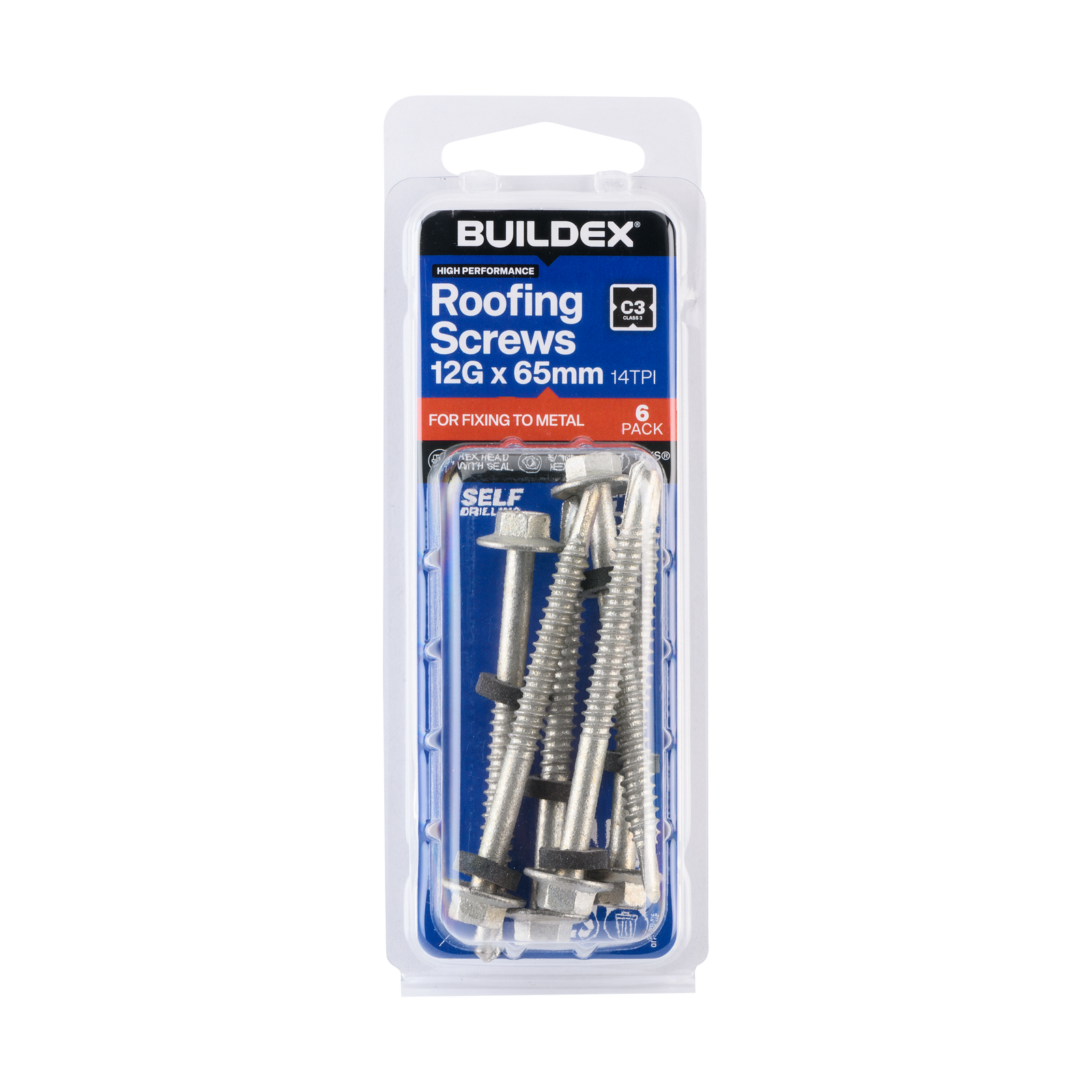Buildex 12G x 65mm Class 3 Hex Head Roofing TEKS Screws with Seal, 6 Pack