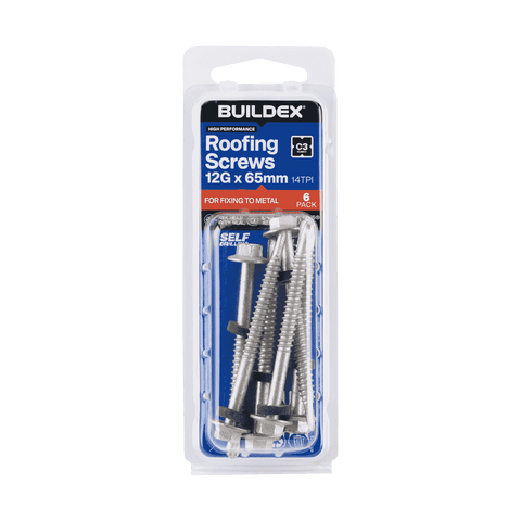 Buildex 12G x 65mm Class 3 Hex Head Roofing TEKS Screws with Seal, 6 Pack