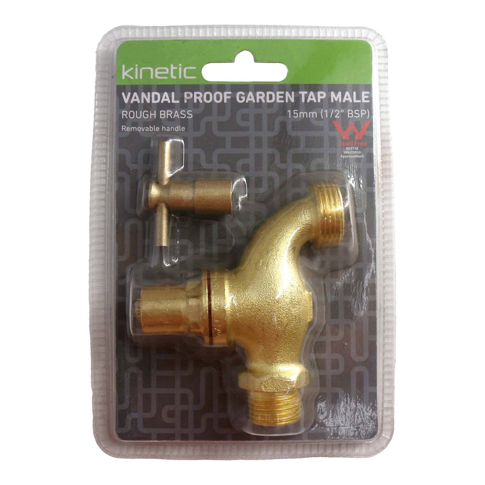 Kinetic 15mm Brass Male Vandal Proof Garden Tap, Lead Free, Removable Spindle