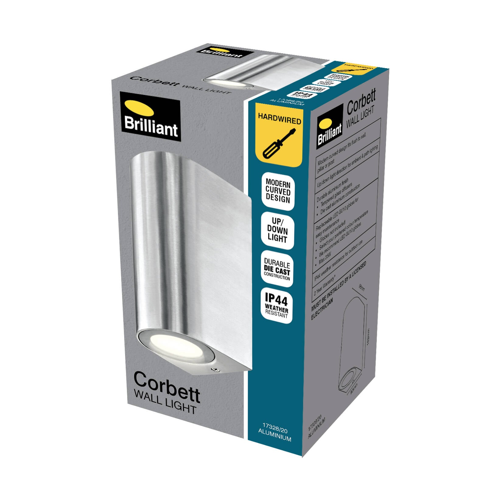 Brilliant Lighting Corbett 35W Brushed Aluminium Up Down Exterior Wall Light GU10 Hardwired 17328/20