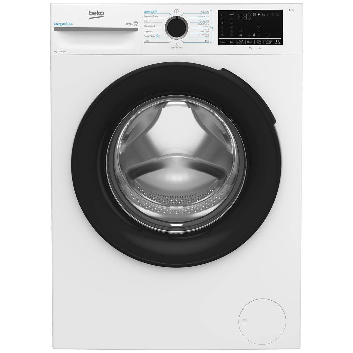 Beko 8kg Front Load Washing Machine - White, SteamCure Hygiene+, EnergySpin, ColdWash, Drum Clean - BFLB8010W