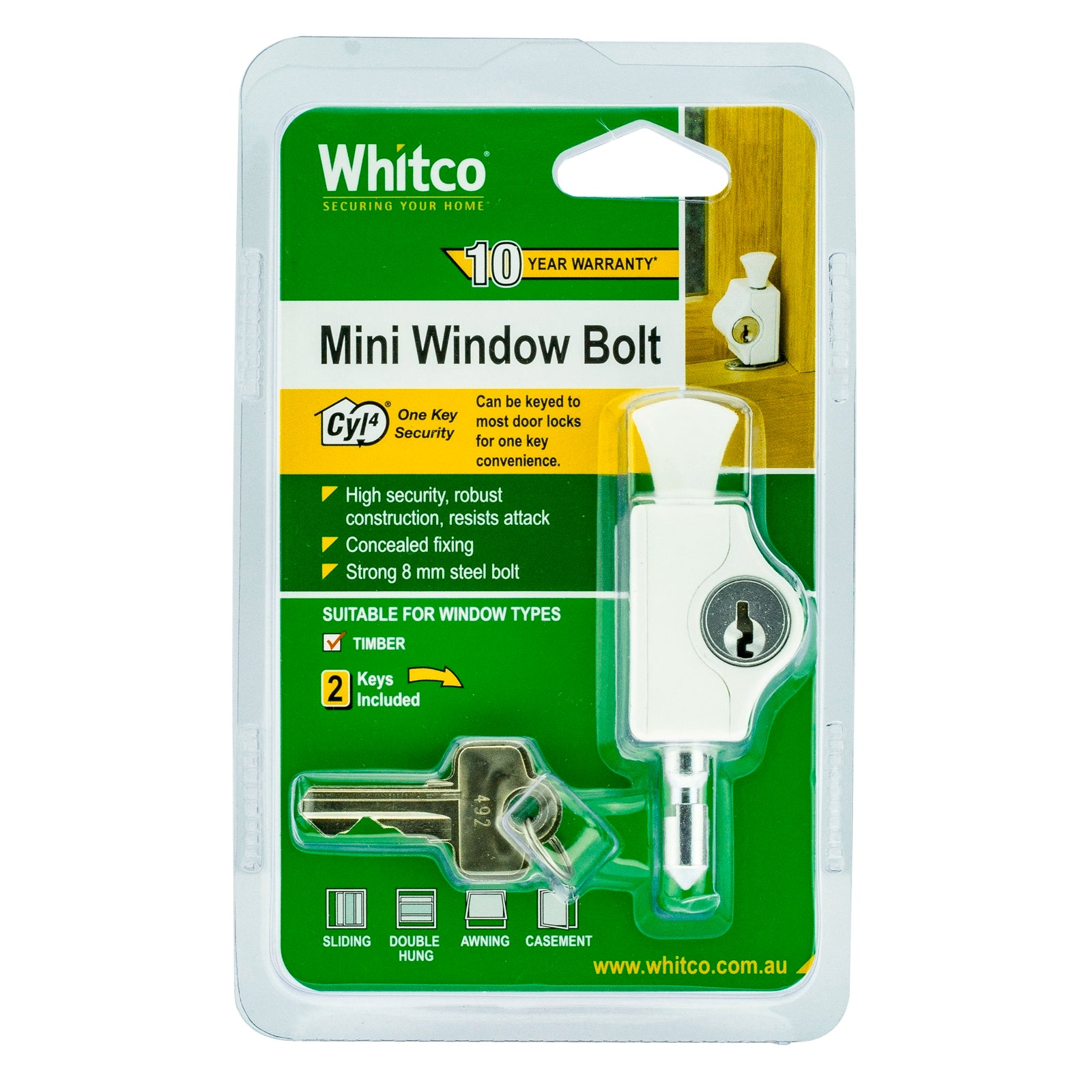 Whitco CYL4 Mini Bolt Window Lock - White Lockable Zinc Diecast