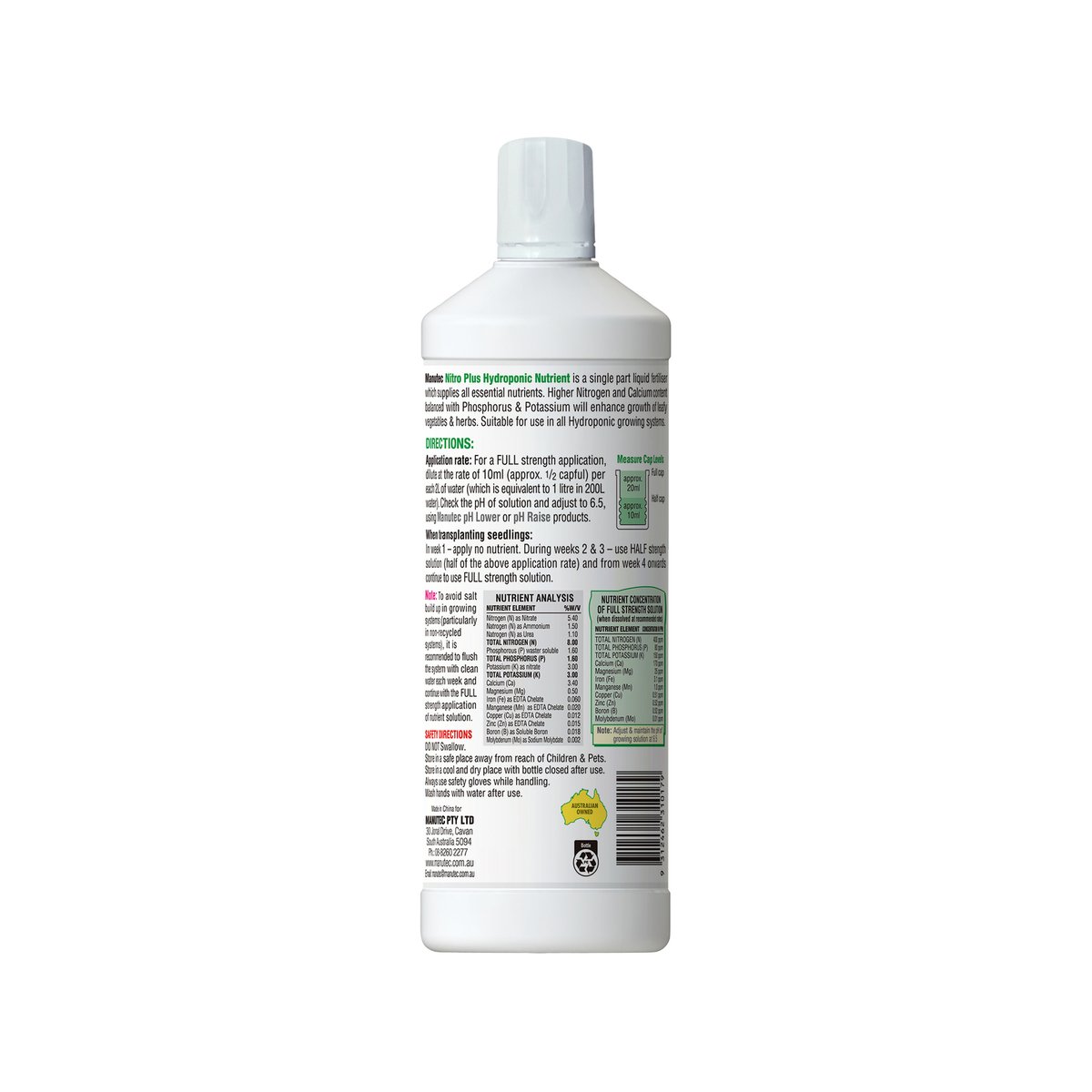 Manutec 1L Hydroponic Nitro Plus Liquid Fertiliser For Leaf And Herb