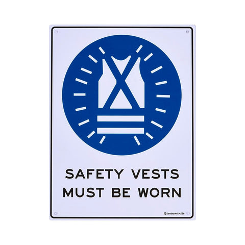 Sandleford Safety Vests Must Be Worn Sign 300 x 225mm Polypropylene White/Black/Blue