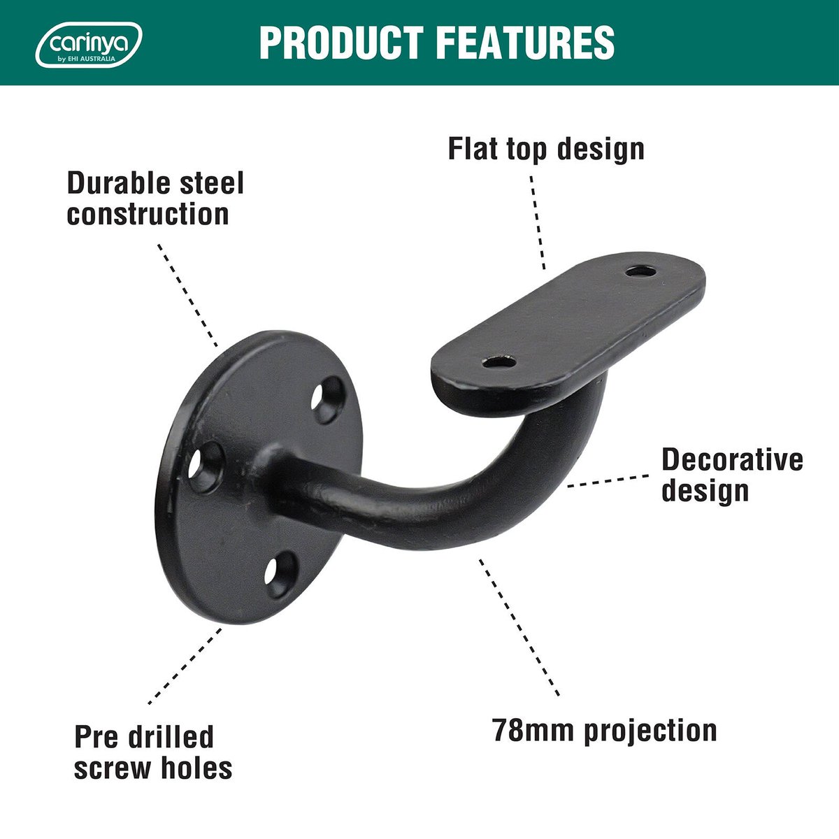 Carinya 70 x 90 x 95mm Black Steel Flat Top Curved Handrail Bracket