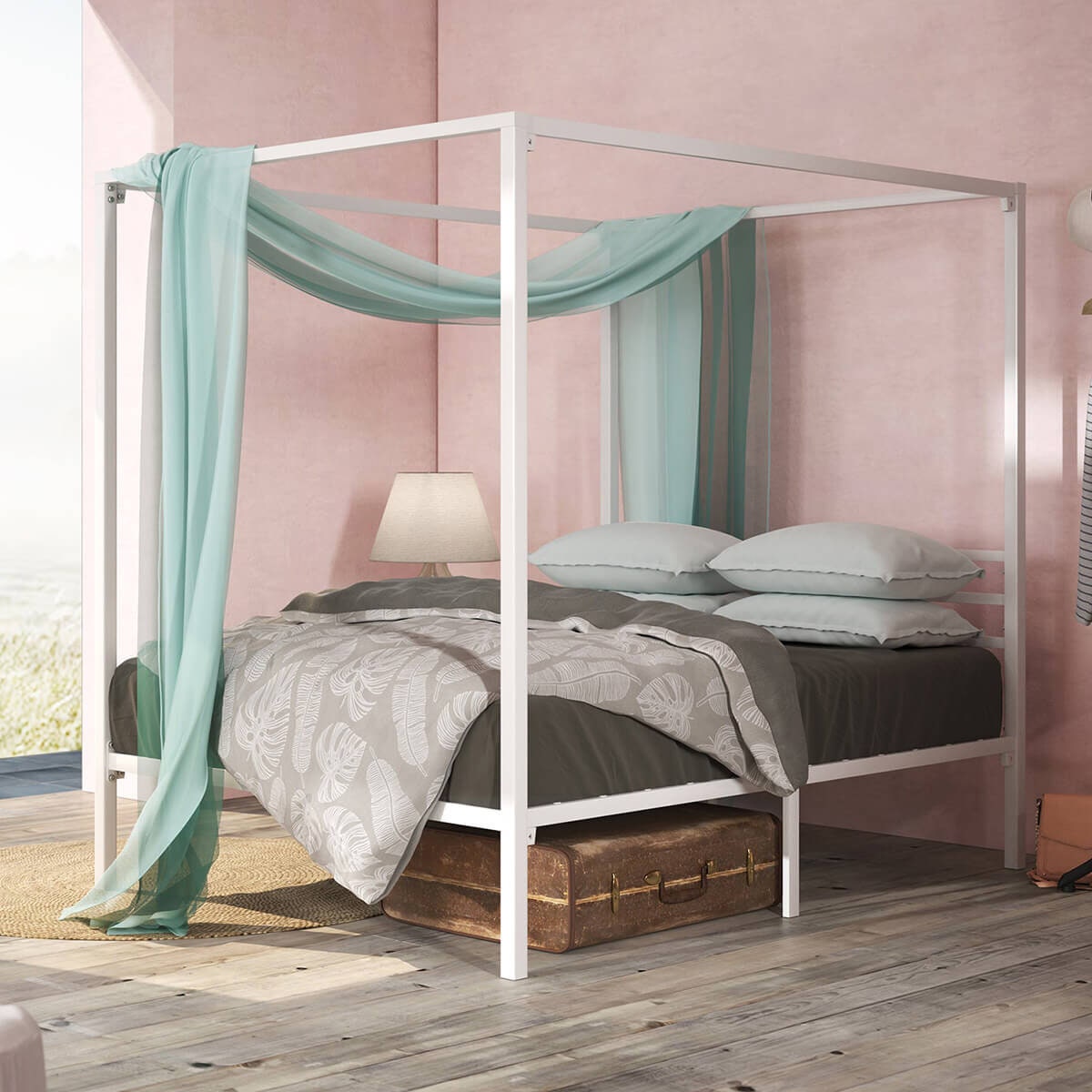 Zinus Patricia queen metal canopy bed frame - white finish, 35cm under-bed clearance - AU-CPBFW-Q