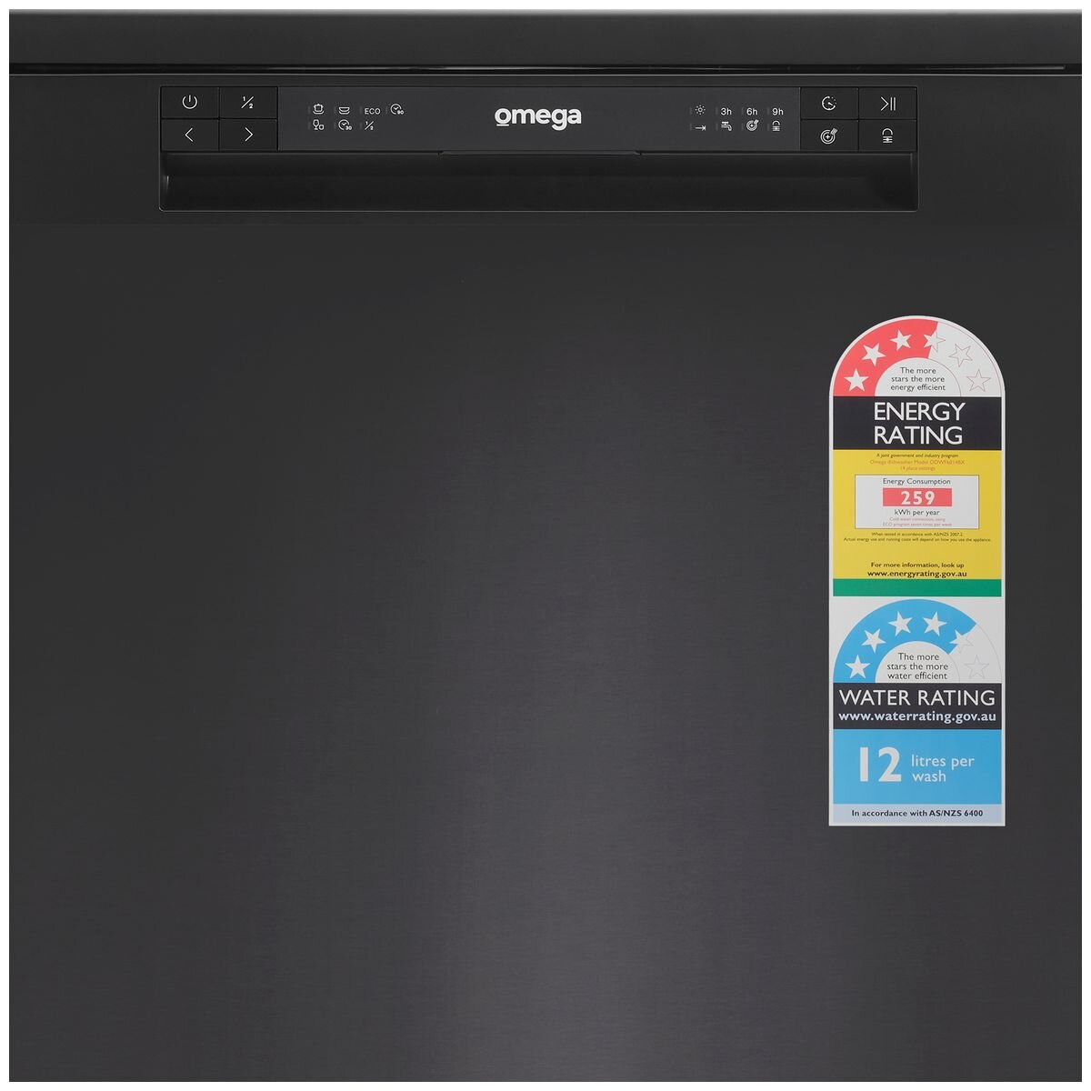Omega 60cm 14 Place Freestanding Dishwasher - Black Stainless Steel - Delay Start - Half Load - ODWF6014BX