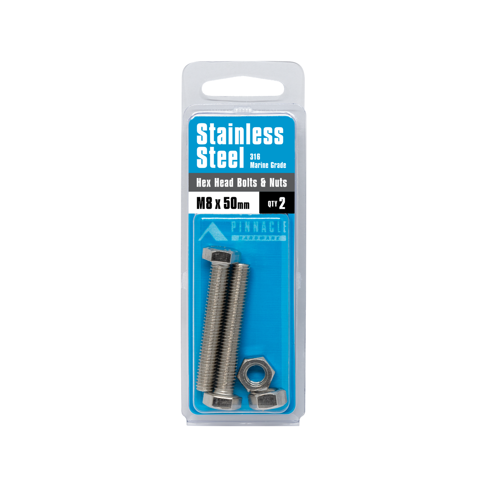 Pinnacle M8 x 50mm Stainless Steel Hex Bolt and Nut - 2 Pack