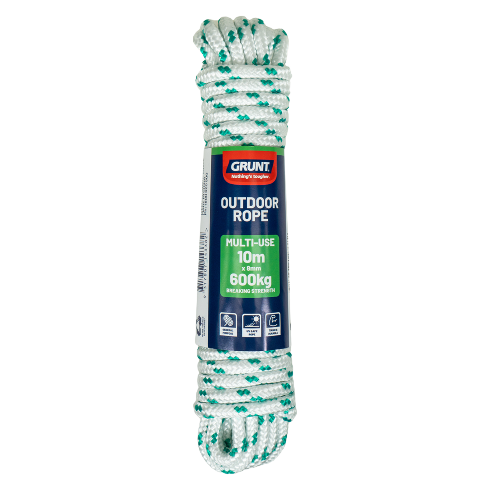 Grunt 8mm x 10m Outdoor Rope, White with Green Trace, Braided PP Multi-Filament, 600kg Break Strength