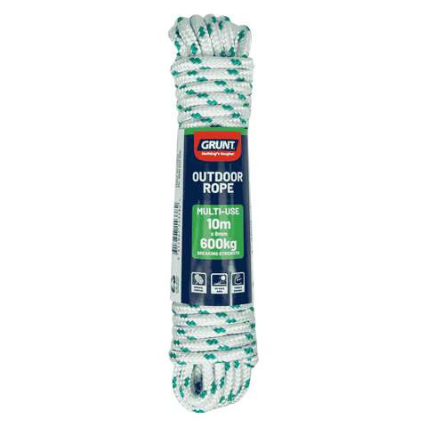 Grunt 8mm x 10m Outdoor Rope, White with Green Trace, Braided PP Multi-Filament, 600kg Break Strength