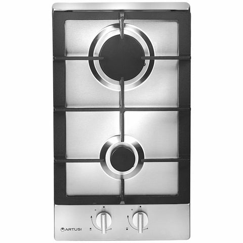 Artusi 30cm two-burner gas cooktop - Stainless steel, cast iron supports, front knob controls - CAGH32X