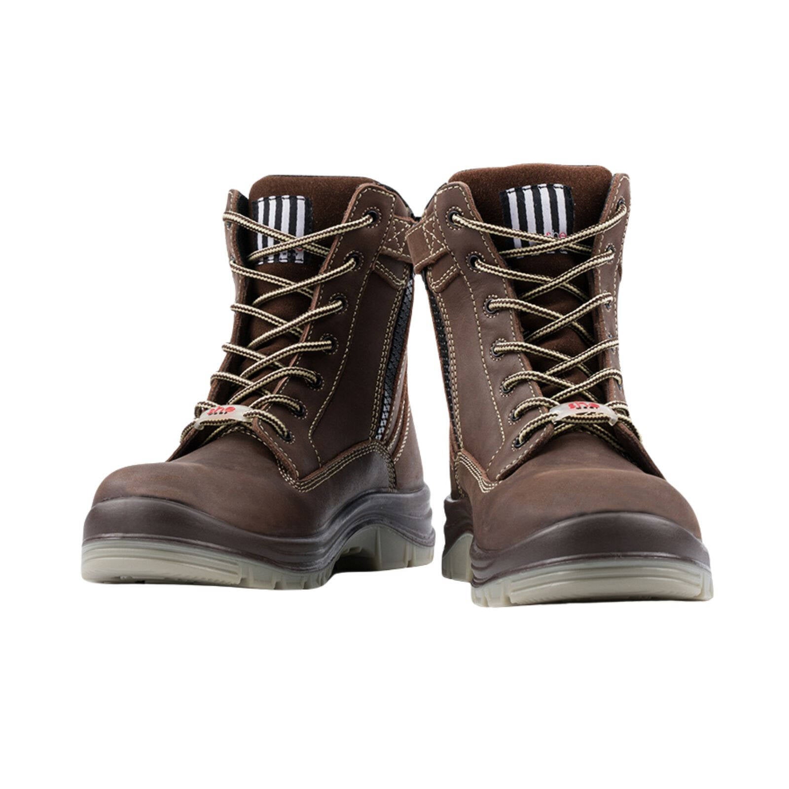 she wear Pursues Womens Safety Work Boots Size 8 Brown Crazy Horse Leather Composite Toe Zip Side Water Resistant