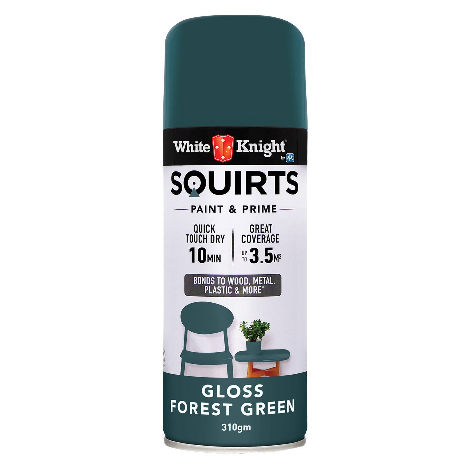 White Knight Squirts Forest Green Gloss Spray Paint 310g - Solvent-Based, UV Resistant