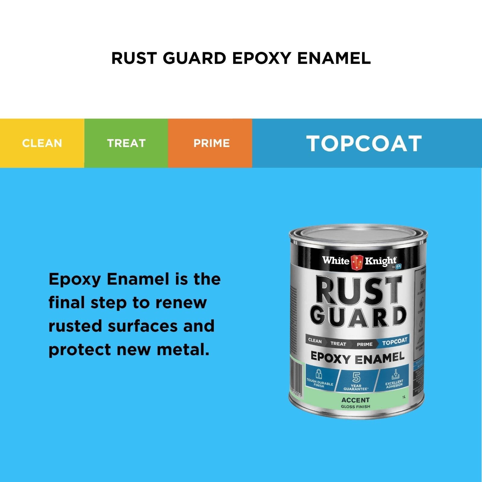 White Knight Rust Guard 1L Accent Gloss Epoxy Enamel Paint, Solvent-Based, One-Step for Metal Surfaces