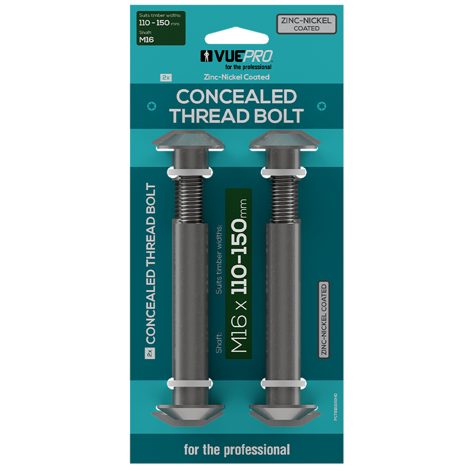 VUEPRO Concealed Thread Bolt M16 110-150mm, Zinc Nickel Coated Steel, 2 Pack