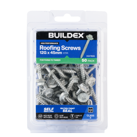 Buildex 12G x 45mm Class 3 Roofing Screws with Seal, Type 17 Hex Head - 50 Pack