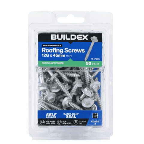 Buildex 12G x 45mm Class 3 Roofing Screws with Seal, Type 17 Hex Head - 50 Pack