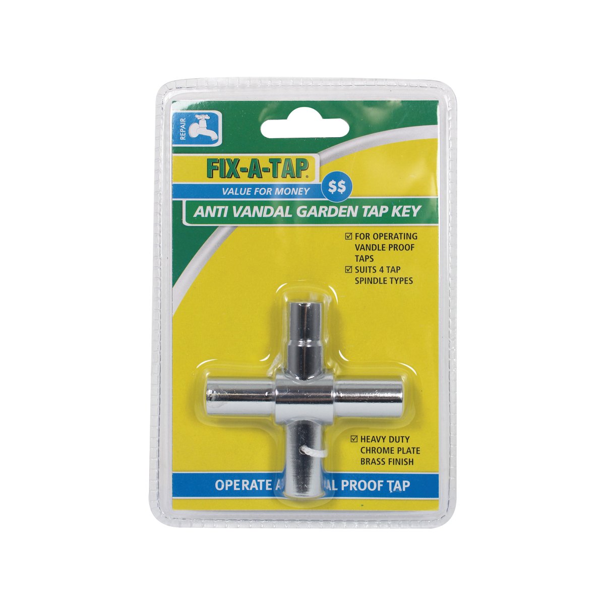 FIX-A-TAP Anti-Vandal Garden Tap Key - Chrome Plated Brass