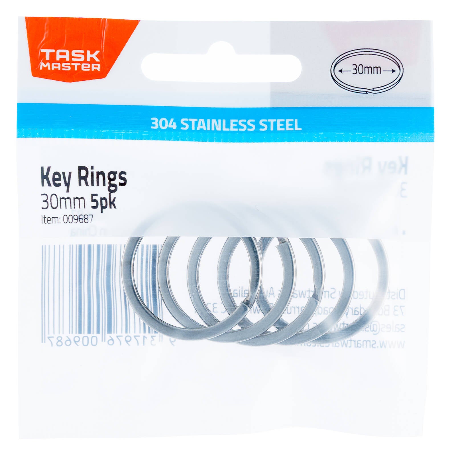 Taskmaster 30mm 304 Grade Stainless Steel Key Rings, 5 Pack