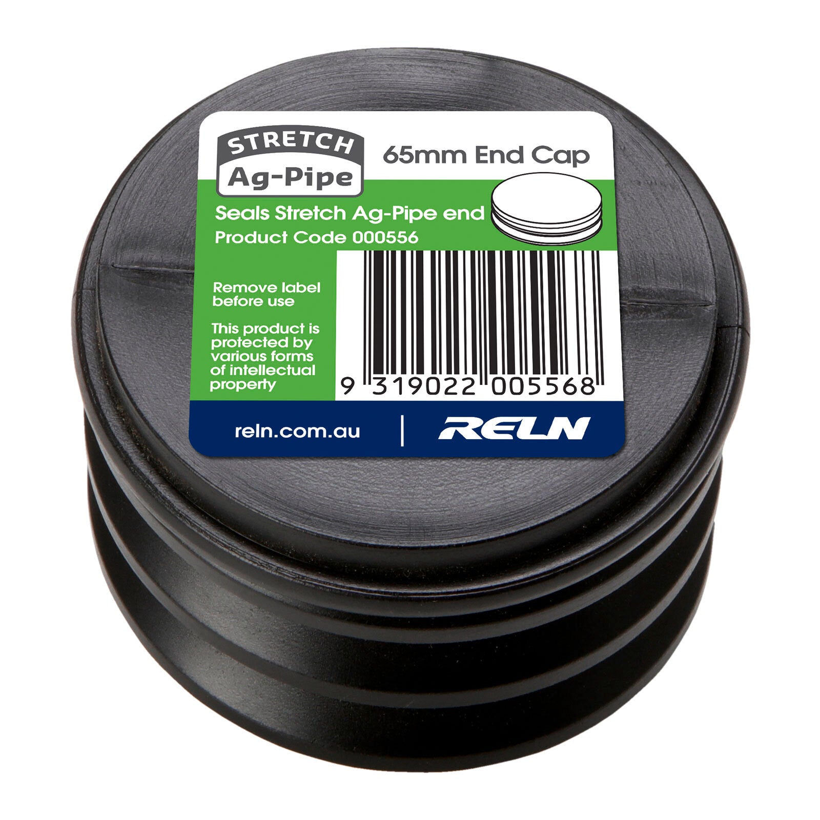 Reln Stretch Ag-Pipe 65mm End Cap, Black Plastic Drainage Fitting