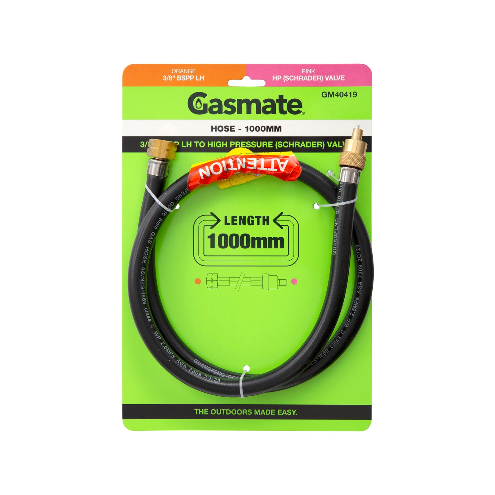 Gasmate Hose 1000mm 3/8" BSPP LH to High Pressure Schrader Valve