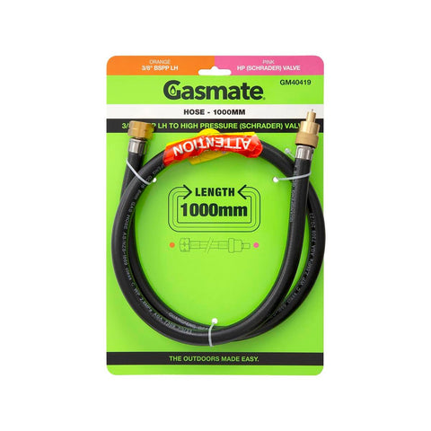 Gasmate Hose 1000mm 3/8" BSPP LH to High Pressure Schrader Valve
