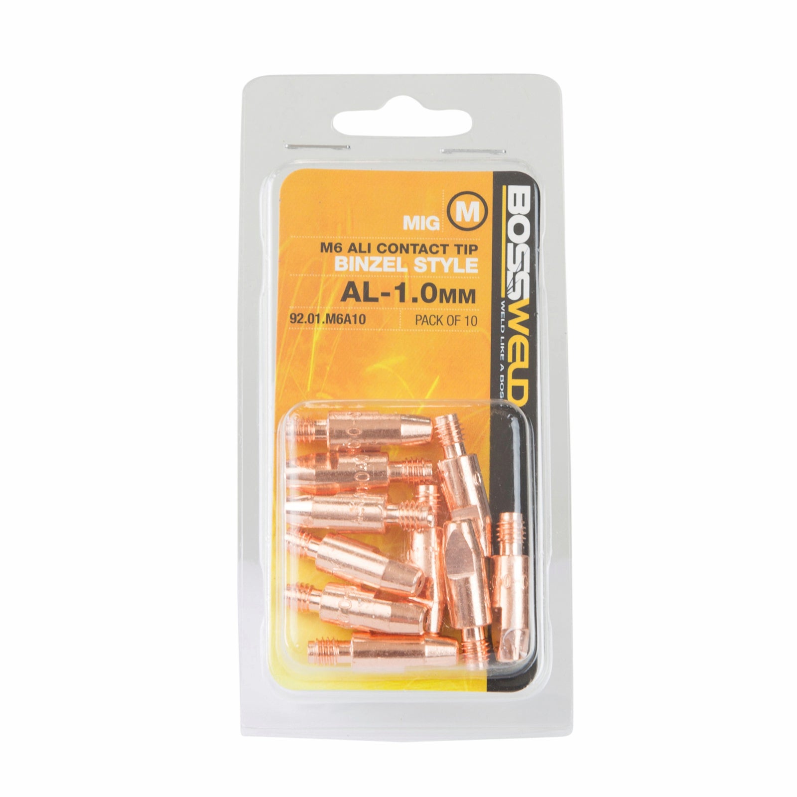 Bossweld 1.0mm M6 Aluminium MIG Contact Tip Binzel Style 28mm 10 Pack