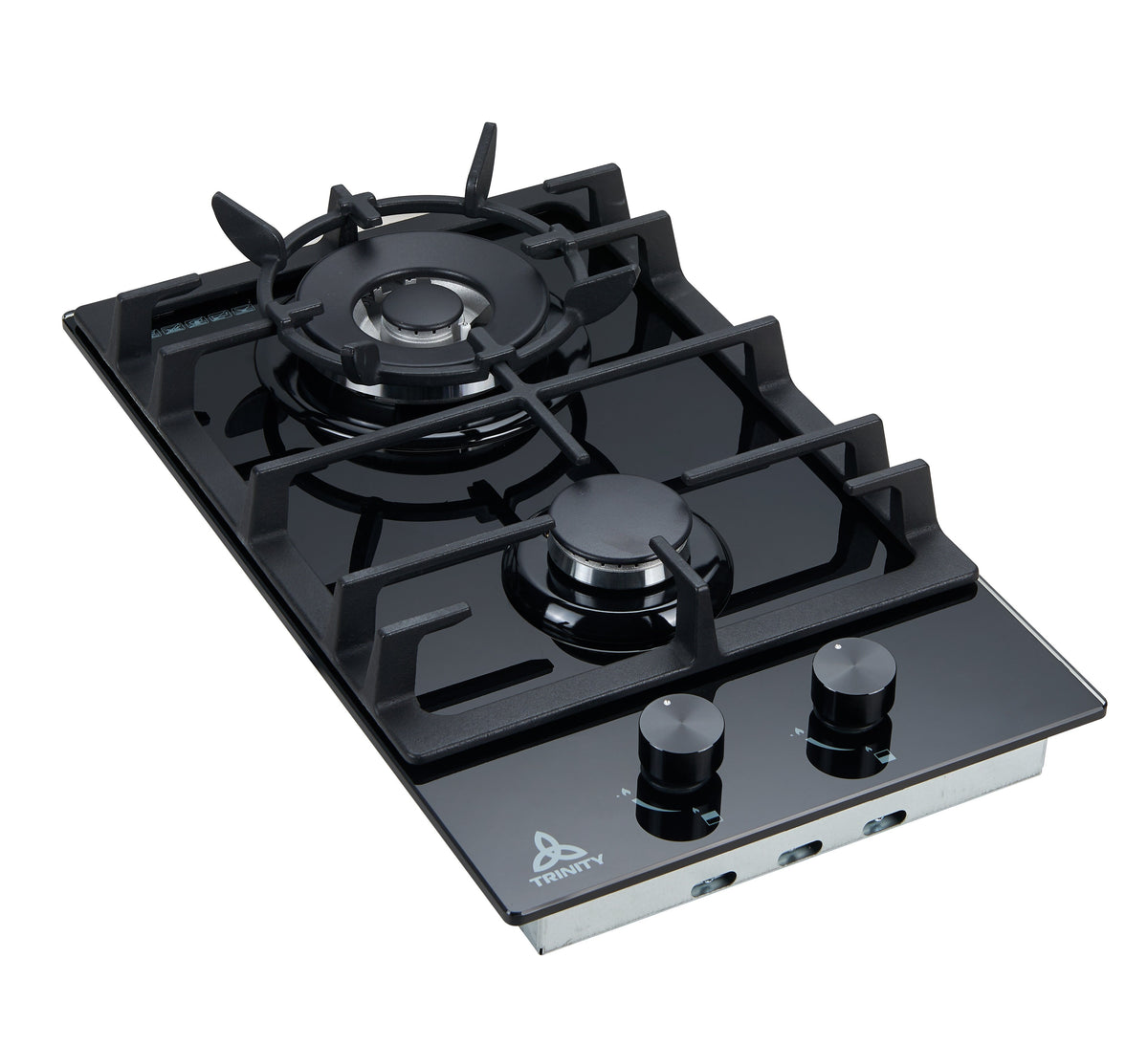 Trinity 30cm 2 Burner Gas Cooktop - Black Tempered Glass - Wok Burner - Front Controls - TRG302BK