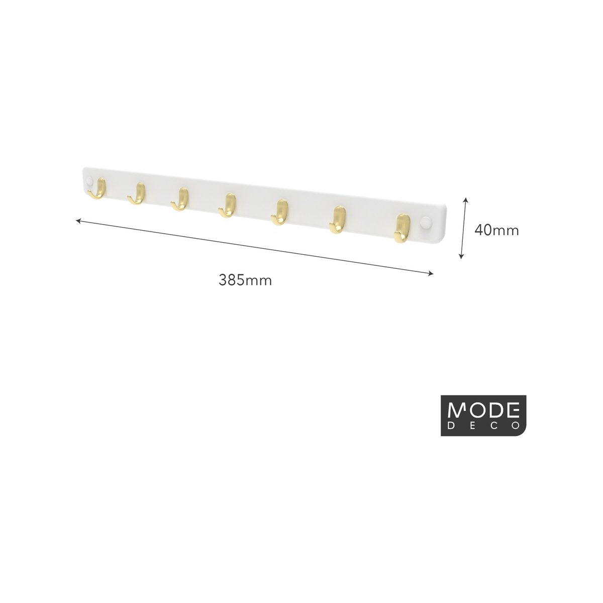 Mode 7 Key Rack - 7 Hooks - 385mm x 40mm x 32mm - Brushed Brass on White - SuperSaverAU - view 3