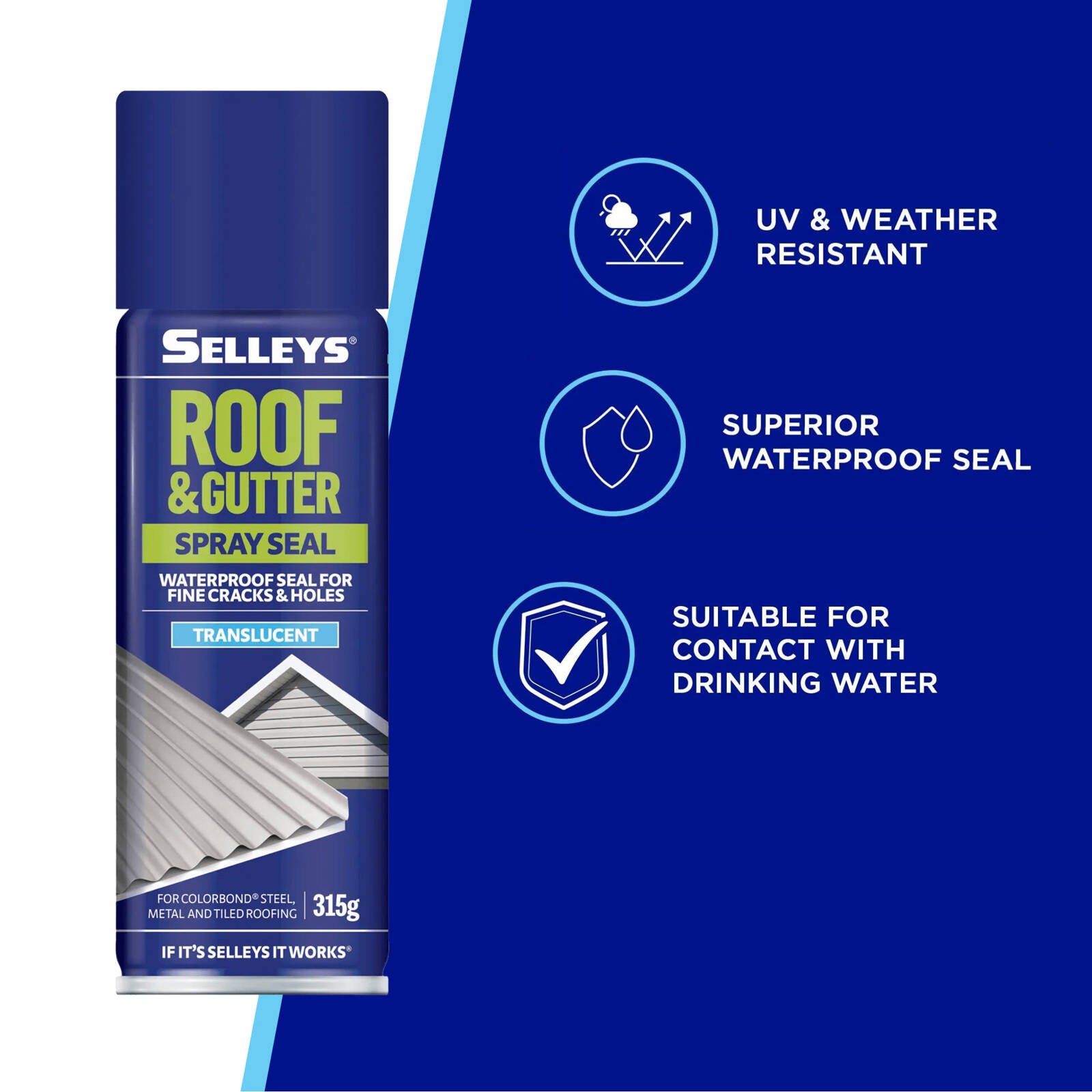 Selleys Roof and Gutter Spray Sealant 315g - Translucent, Solvent Based for Outdoor Leak Repairs